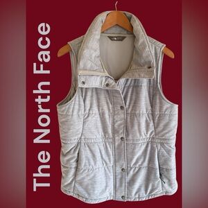 The North Face-women’s Large heather gray Pseudio Vest. Zip/snap front EUC!